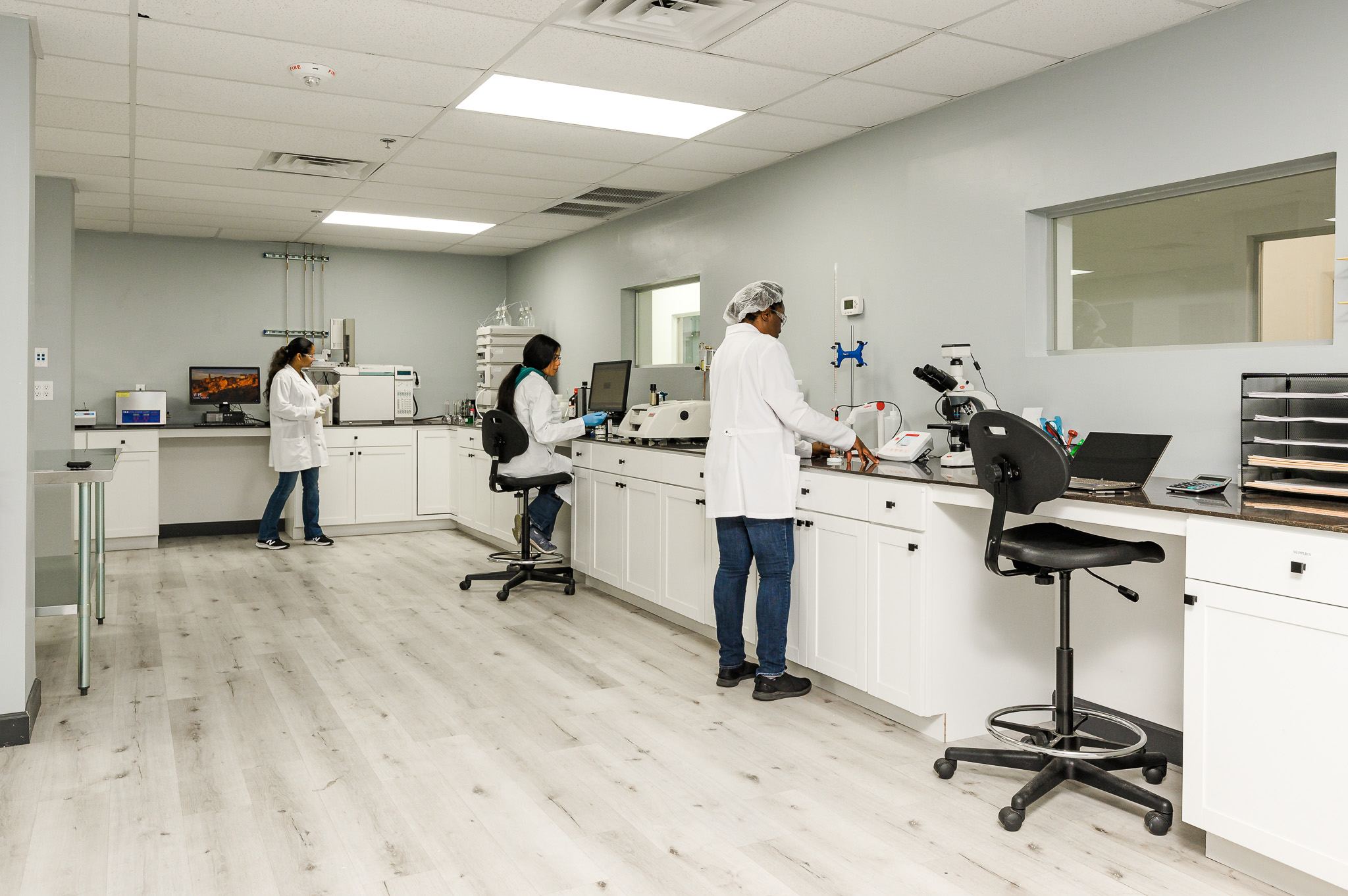 Quality control team working at analytical stations in the lab